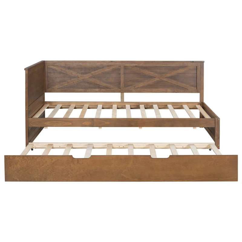Vinsetto Twin Size Wood Daybed with Trundle, Rustic Guardrail, Solid Wood Construction, 77.5" L x 42" W x 33.5" H, Brown