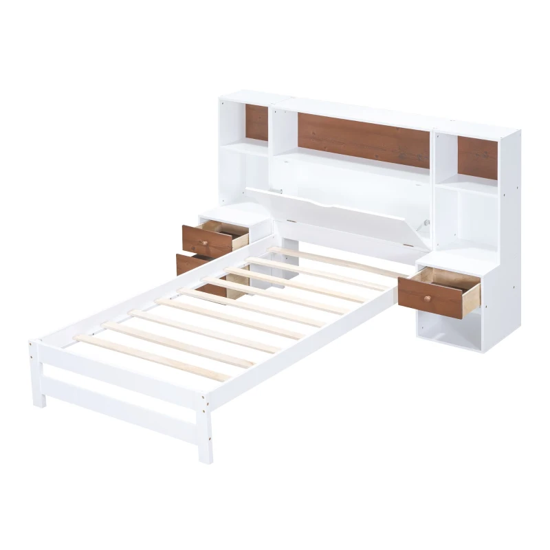 Vinsetto Twin Size Platform Bed with Storage Headboard, Drawers, and Nightstands, Solid Wood and MDF, 87" L x 73.5" W x 45" H, White
