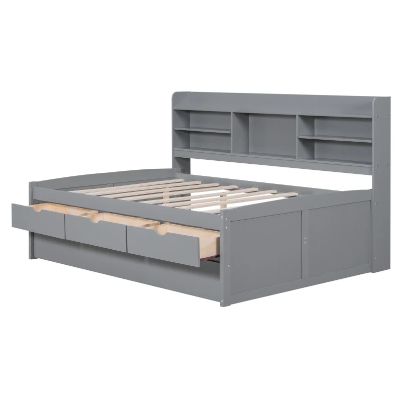 Classic Style Full Size Wooden Captain Bed with Built-in Bookshelves, 3 Storage Drawers, and Trundle, 79" L x 104.5" W x 47" H, Light Gray
