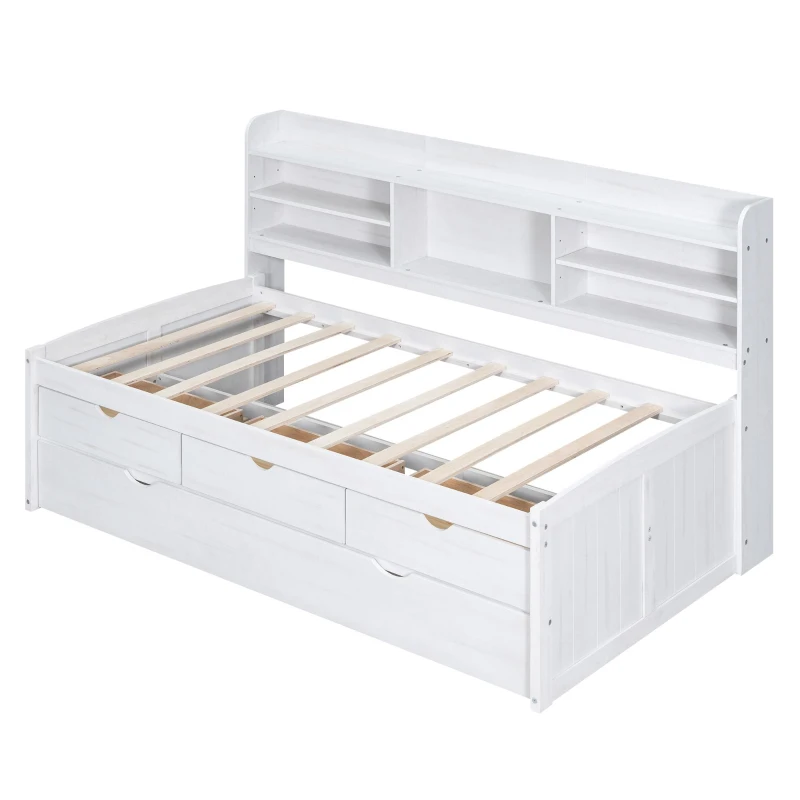 Vinsetto Classic Style Twin Size Wooden Captain Bed with Built-in Bookshelves, 3 Storage Drawers, Trundle, 77.5" L x 88" W x 47" H, White Washed