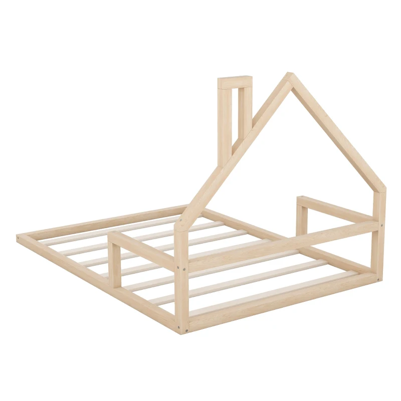 Full Size Wood Floor Bed with House-Shaped Headboard, Sturdy Pine Wood Construction, Easy Assembly, 78" L x 56.5" W x 46.5" H, Natural