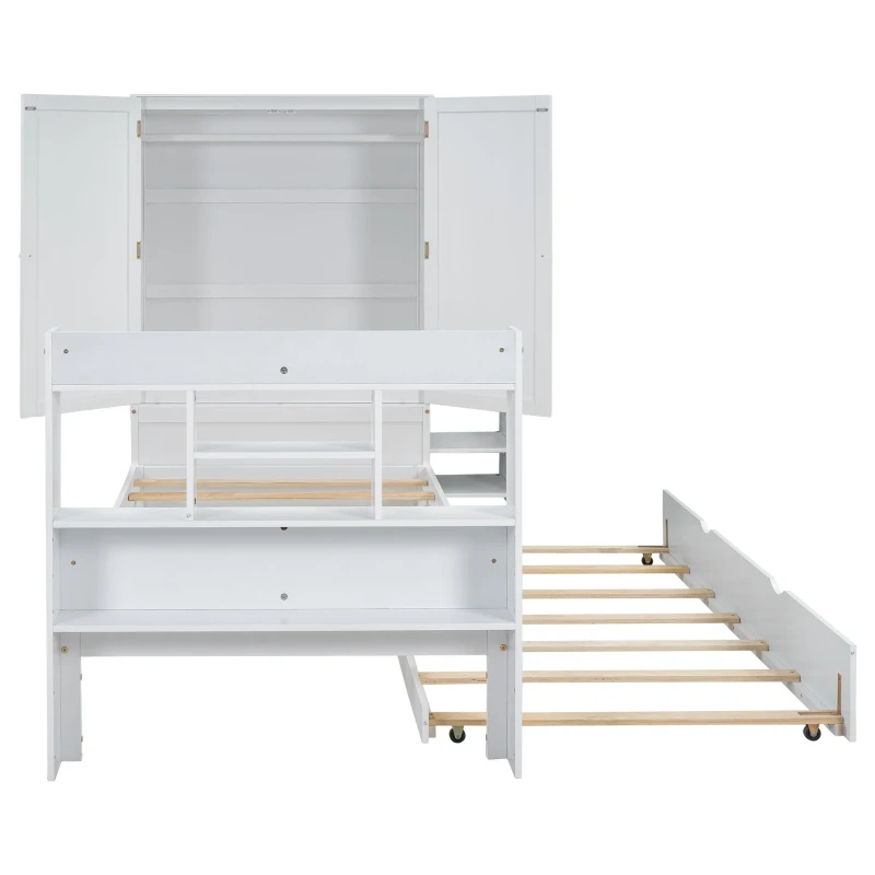 Vinsetto Twin Size Platform Bed with Storage Headboard, Footboard, Pull Out Shelves, and Twin Size Trundle, 101" L x 41.5" W x 65.5" H, White