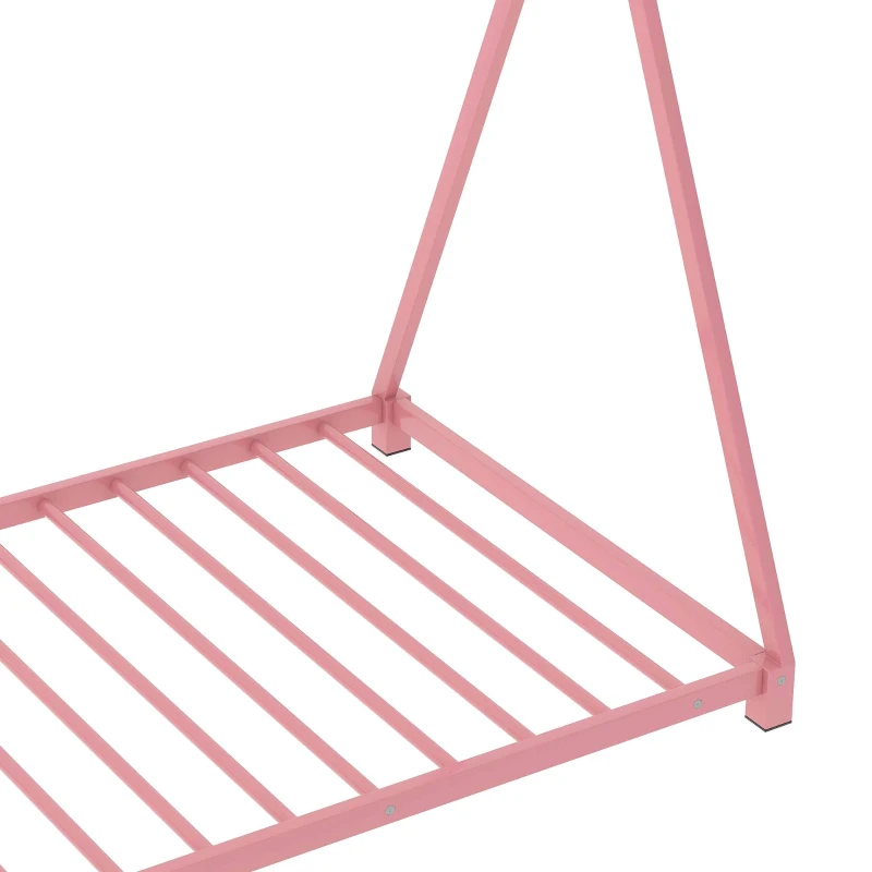 Metal Twin Size House Platform Bed with Triangle Structure, Sturdy Frame, and Safety Railings, 78" L x 41" W x 63" H, Pink