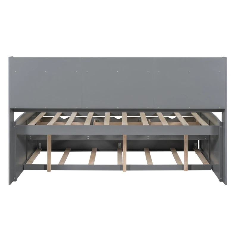 Classic Style Full Size Wooden Captain Bed with Built-in Bookshelves, 3 Storage Drawers, and Trundle, 79" L x 104.5" W x 47" H, Light Gray