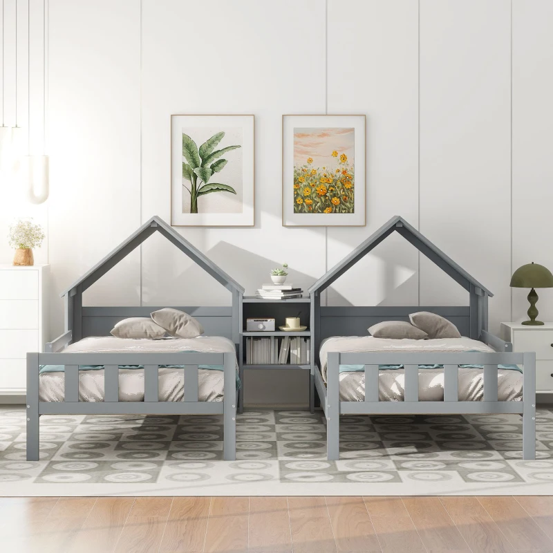 Double Twin Size Platform Bed with House-Shaped Headboard, Built-in Nightstand, Solid Wood Construction, 99.5" L x 78" W x 48" H, Gray