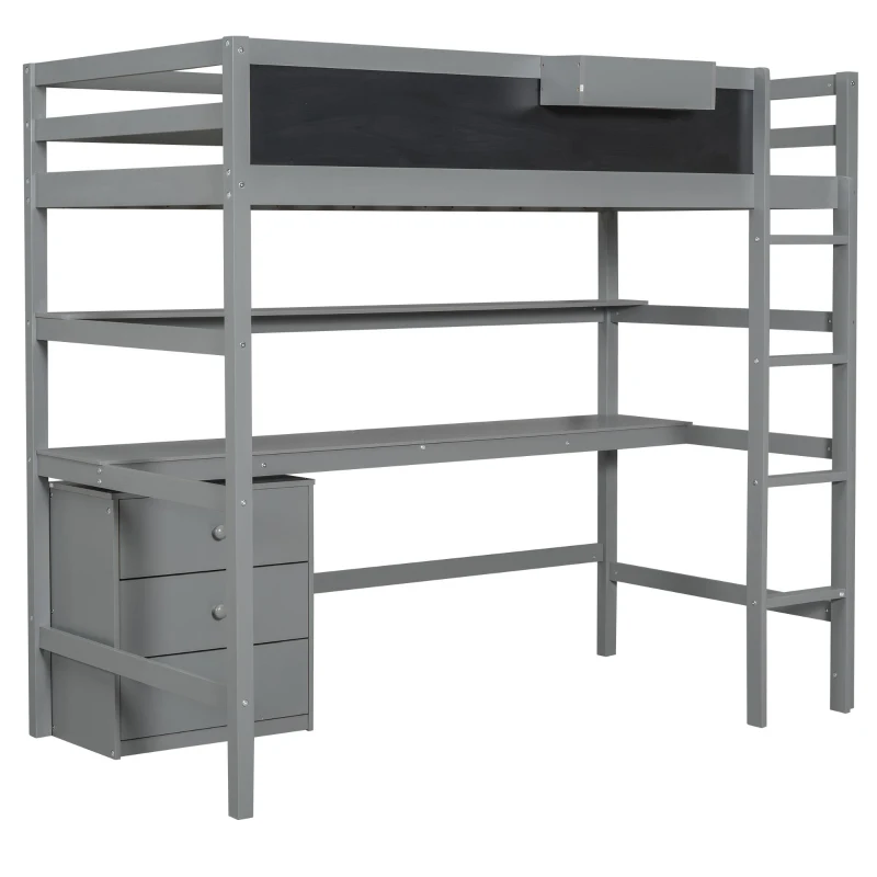 Wood Twin Size Loft Bed with Desk, Blackboard, Storage Box, Shelf, and 3 Drawers, 79" L x 42" W x 69.5" H, Gray