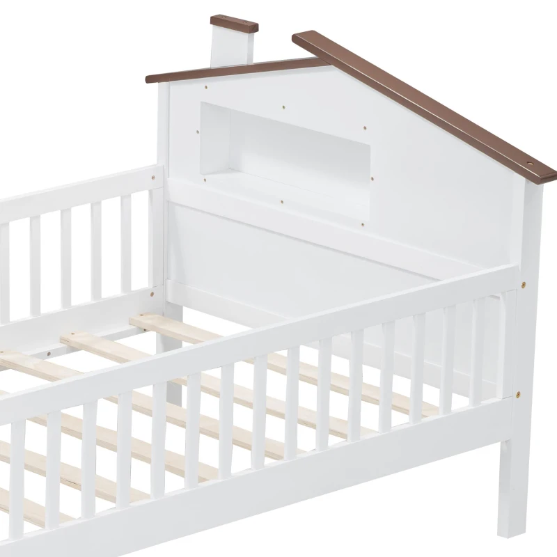 Twin Size Wood Platform Bed with House-Shaped Headboard, LED Light, Built-in Storage, 82" L x 41" W x 36" H, White