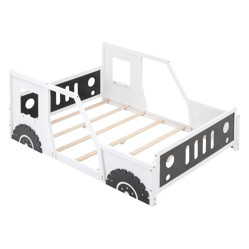 Full Size Classic Car-Shaped Platform Bed with Wheels, Sturdy Pine Wood and MDF Frame, Easy Assembly, 77.5" L x 57" W x 32" H, White