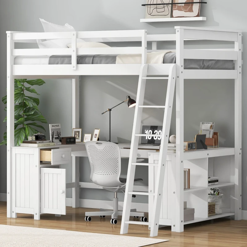 Full Size Loft Bed with U-shaped Desk, Drawers, Storage Shelves, and Sturdy Wood Frame, 77.5" L x 70" W x 75.5" H, White