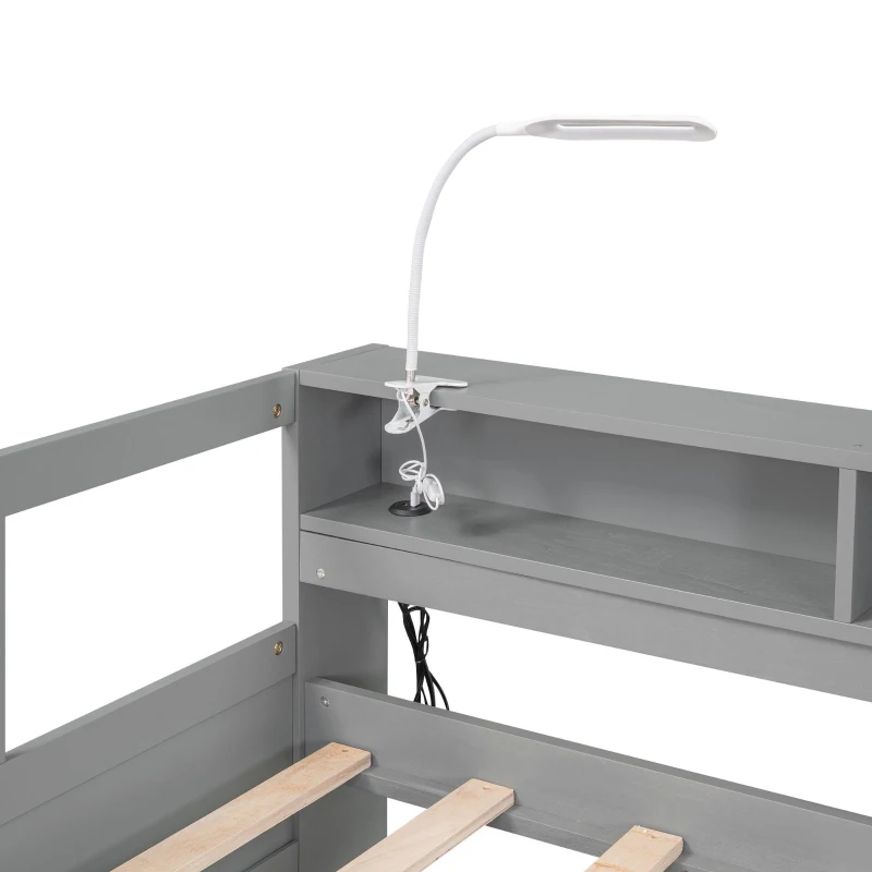 Twin XL Wood Daybed with 2 Trundles, 3 Storage Cubbies, Free Light and USB Charging, 82" L x 129.5" W x 35.5" H, Gray