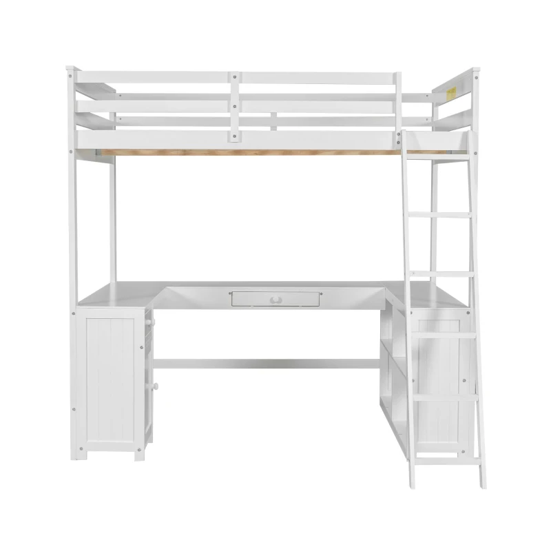 Full Size Loft Bed with U-shaped Desk, Drawers, Storage Shelves, and Sturdy Wood Frame, 77.5" L x 70" W x 75.5" H, White