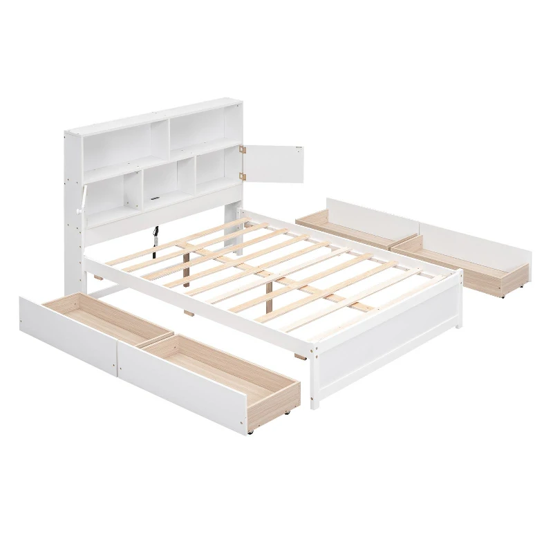 Vinsetto Full Size Platform Bed with Storage Headboard, Charging Station, and 4 Drawers, Solid Wood and MDF, 85" L x 55" W x 48" H, White