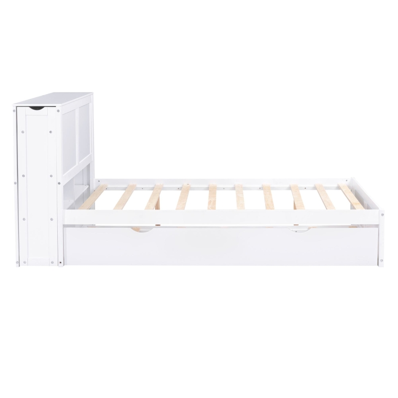 Full Size Storage Platform Bed with Pull Out Shelves, Twin Size Trundle, Solid Wood and MDF, 98" L x 89" W x 39.5" H, White