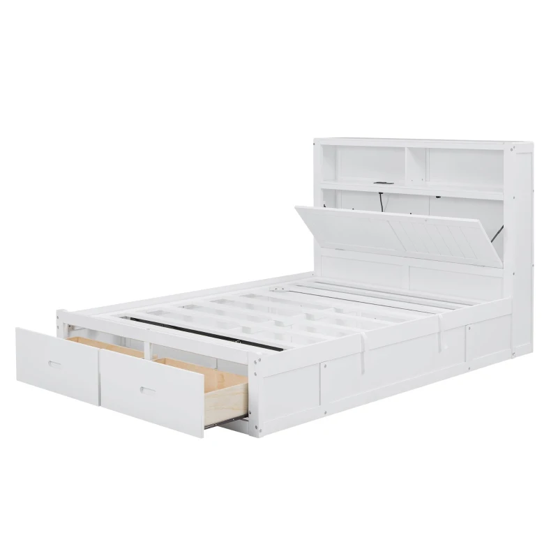 Wood Full Size Hydraulic Platform Bed with Storage LED Headboard, Charging Station, and 2 Drawers, 86" L x 56.5" W x 47" H, White