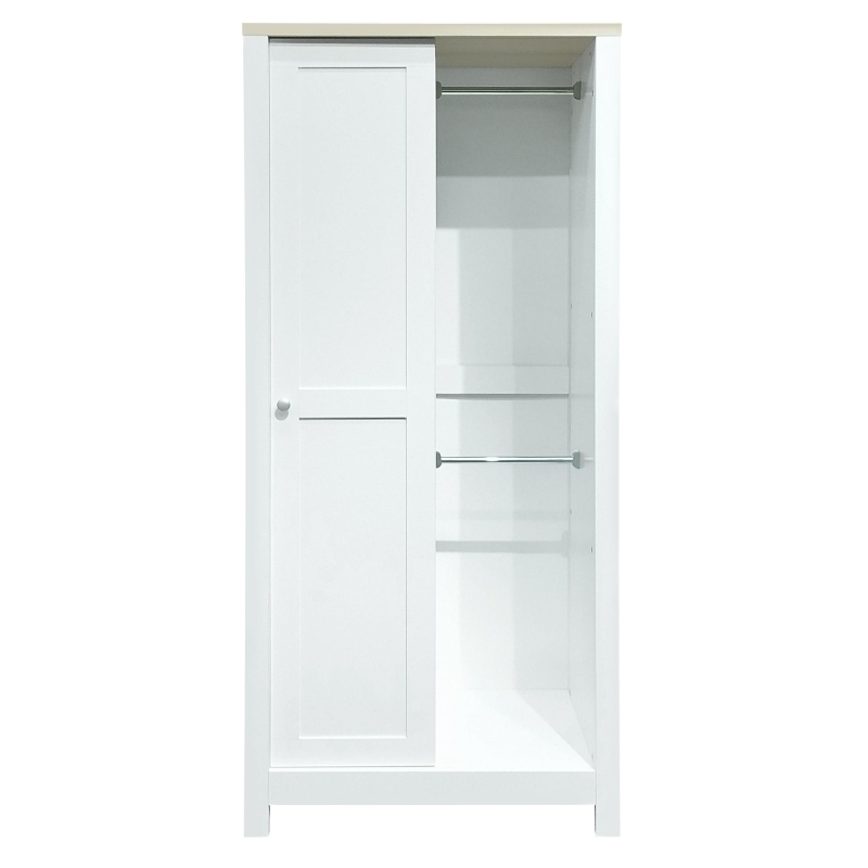 Bedroom Storage Wardrobe with Hanging Rods, 2 Drawers, Open Shelves, and Sliding Door, 31.5" L x 20.5" W x 68" H, White