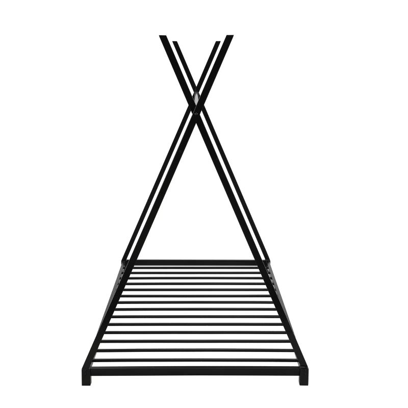 Metal Twin Size House Platform Bed with Triangle Structure, Sturdy Frame, and Safety Railings, 78" L x 41" W x 63" H, Black