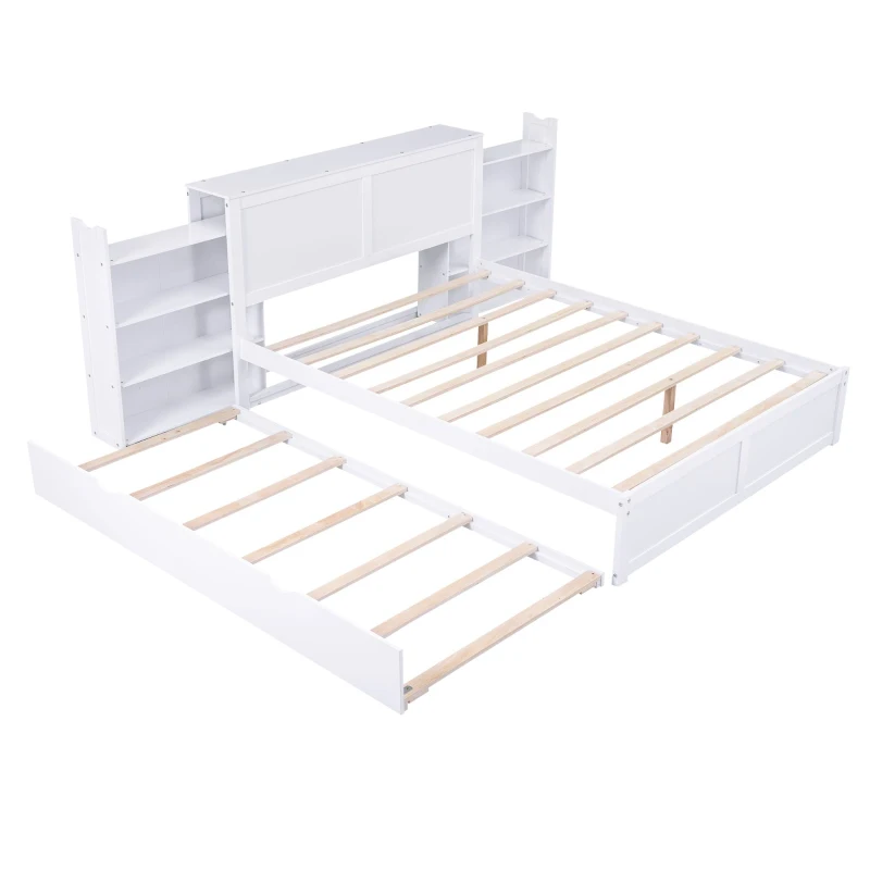 Queen Size Storage Platform Bed with Pull Out Shelves and Twin XL Trundle, Solid Wood and MDF, 111.5" L x 93.5" W x 39.5" H, White