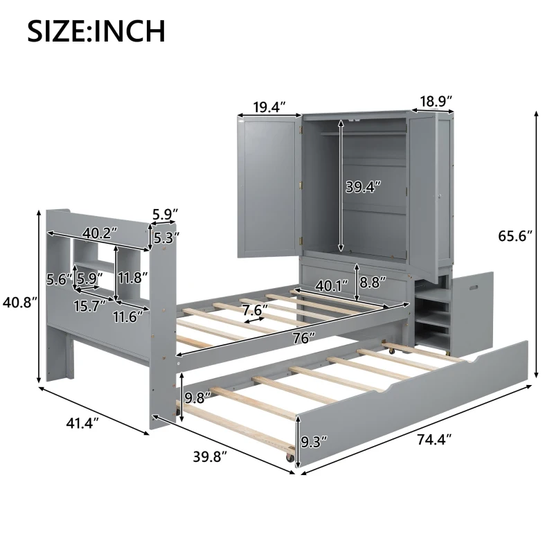 Twin Size Platform Bed with Storage Headboard, Footboard, Pull Out Shelves, and Twin Size Trundle, 101" L x 41.5" W x 65.5" H, Gray