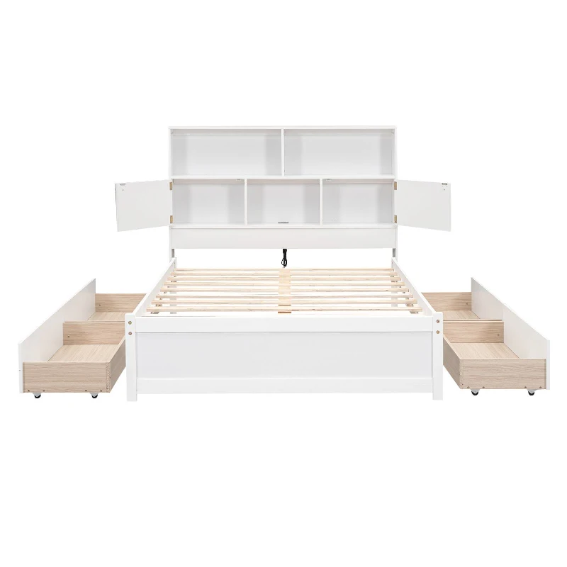 Vinsetto Full Size Platform Bed with Storage Headboard, Charging Station, and 4 Drawers, Solid Wood and MDF, 85" L x 55" W x 48" H, White
