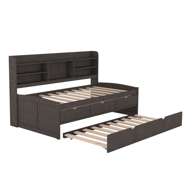 Classic Style Twin Size Wooden Captain Bed with Built-in Bookshelves, 3 Storage Drawers, and Trundle, 77.5" L x 88" W x 47" H, Antique Gray