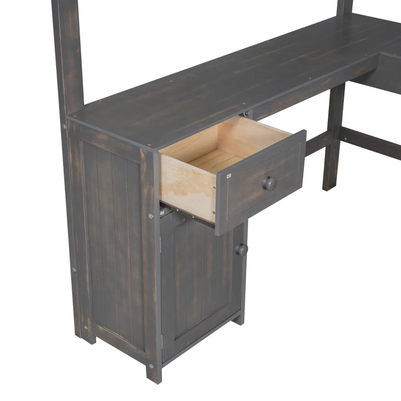 Full Size Loft Bed with U-shaped Desk, Drawers, Storage Shelves, and Sturdy Wood Frame, 77.5" L x 70" W x 75.5" H, Antique Brown
