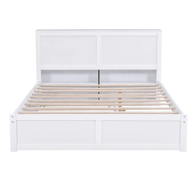 Queen Size Storage Platform Bed with Pull Out Shelves and Twin XL Trundle, Solid Wood and MDF, 111.5" L x 93.5" W x 39.5" H, White