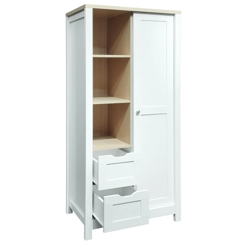 Bedroom Storage Wardrobe with Hanging Rods, 2 Drawers, Open Shelves, and Sliding Door, 31.5" L x 20.5" W x 68" H, White