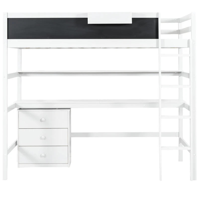 Wood Twin Size Loft Bed with Desk, Blackboard, Storage Box, Shelf, and 3 Drawers, 79" L x 42" W x 69.5" H, White