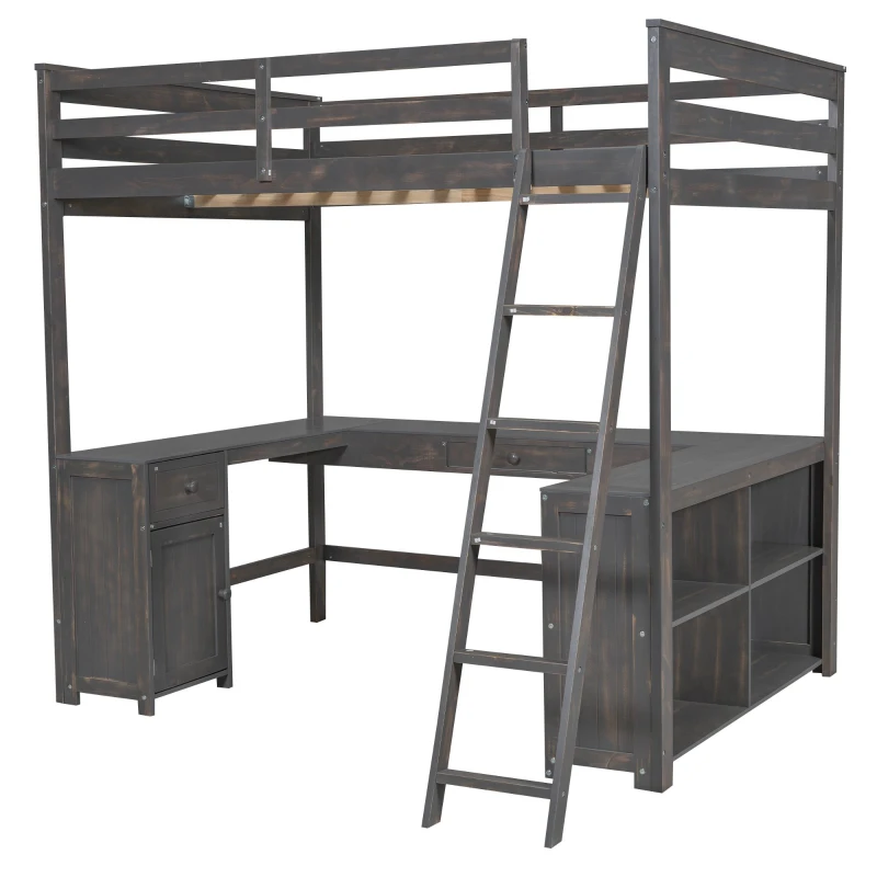 Full Size Loft Bed with U-shaped Desk, Drawers, Storage Shelves, and Sturdy Wood Frame, 77.5" L x 70" W x 75.5" H, Antique Brown