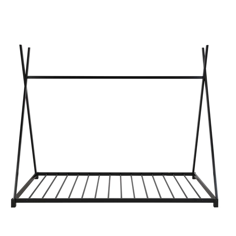 Metal Twin Size House Platform Bed with Triangle Structure, Sturdy Frame, and Safety Railings, 78" L x 41" W x 63" H, Black