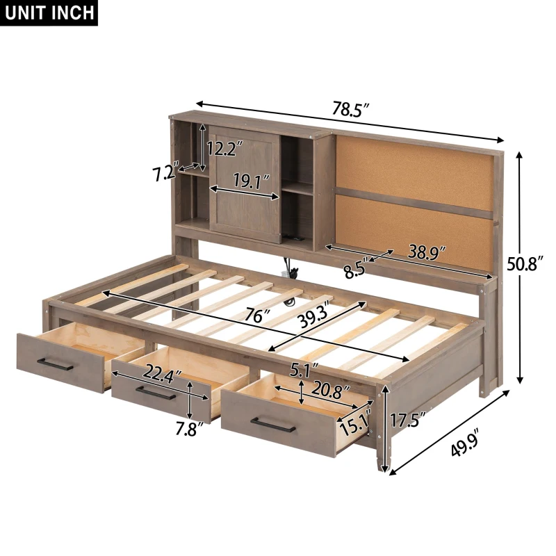 Twin Size Lounge Daybed with Storage Shelves, Cork Board, USB Ports, and 3 Drawers, Solid Wood and MDF, 78.5" L x 50" W x 51" H, Wood