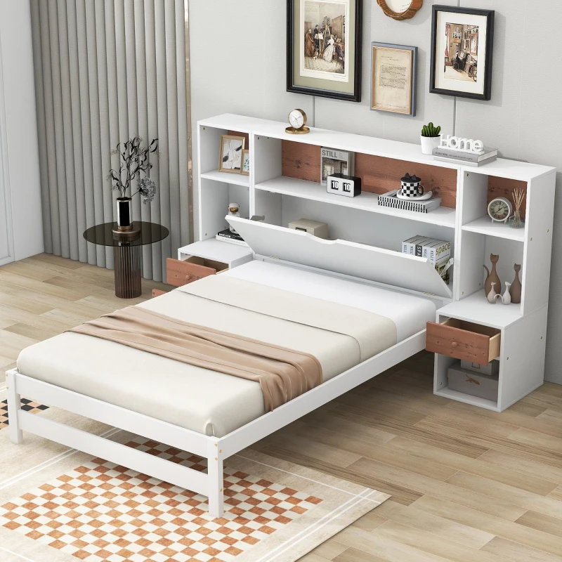 Vinsetto Twin Size Platform Bed with Storage Headboard, Drawers, and Nightstands, Solid Wood and MDF, 87" L x 73.5" W x 45" H, White