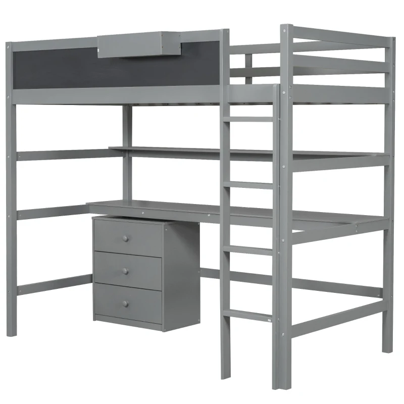 Wood Twin Size Loft Bed with Desk, Blackboard, Storage Box, Shelf, and 3 Drawers, 79" L x 42" W x 69.5" H, Gray