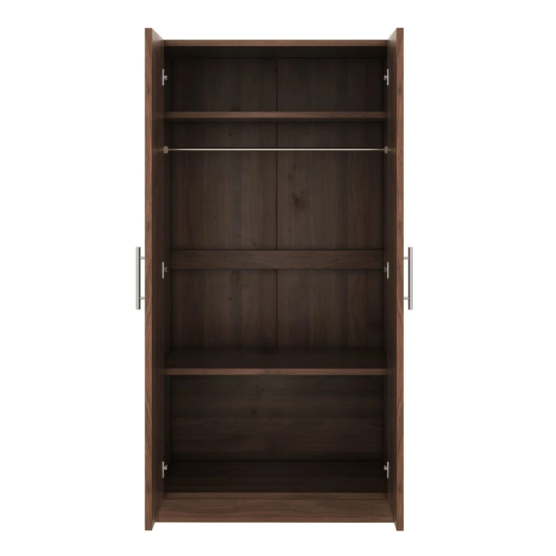2-Door Wooden Wardrobe Armoire with 3 Storage Shelves, Solid Wood and MDF, 31.5" L x 20" W x 67" H, Brown