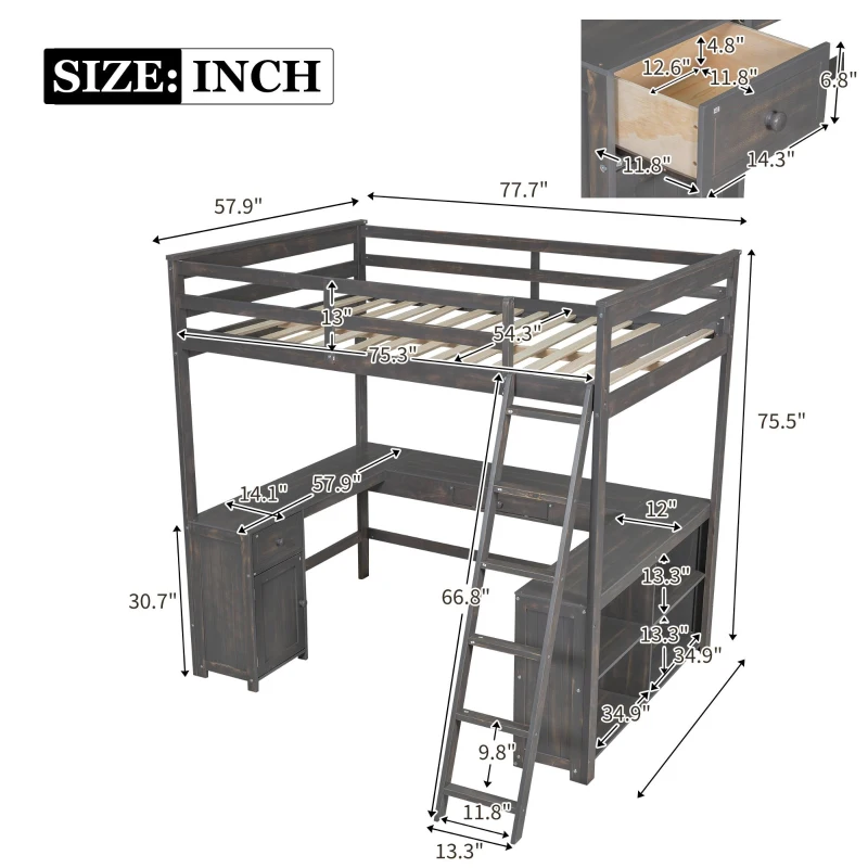 Full Size Loft Bed with U-shaped Desk, Drawers, Storage Shelves, and Sturdy Wood Frame, 77.5" L x 70" W x 75.5" H, Antique Brown