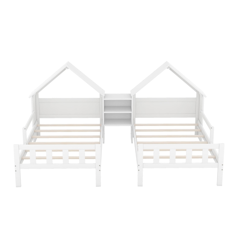 Double Twin Size Platform Bed with House-Shaped Headboard, Built-in Nightstand, Solid Wood Construction, 99.5" L x 78" W x 48" H, White