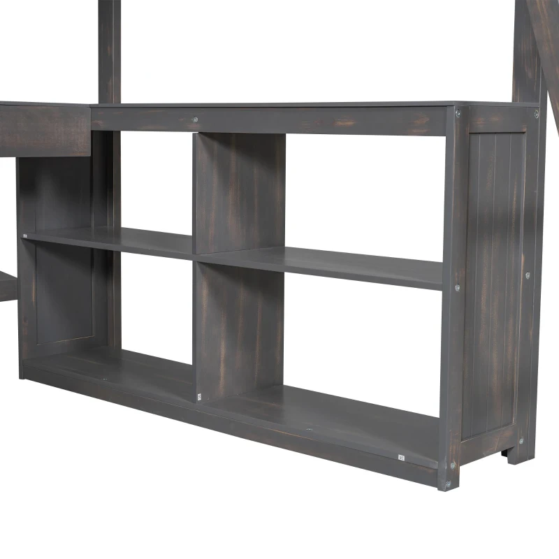 Full Size Loft Bed with U-shaped Desk, Drawers, Storage Shelves, and Sturdy Wood Frame, 77.5" L x 70" W x 75.5" H, Antique Brown