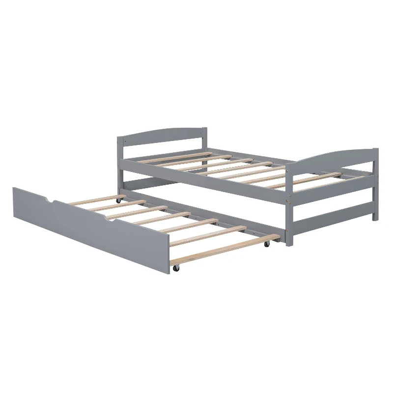 Twin Size Platform Bed with Twin Size Trundle, Headboard and Footboard, Sturdy Pine Wood Construction, 77.5" L x 40.5" W x 22" H, Gray