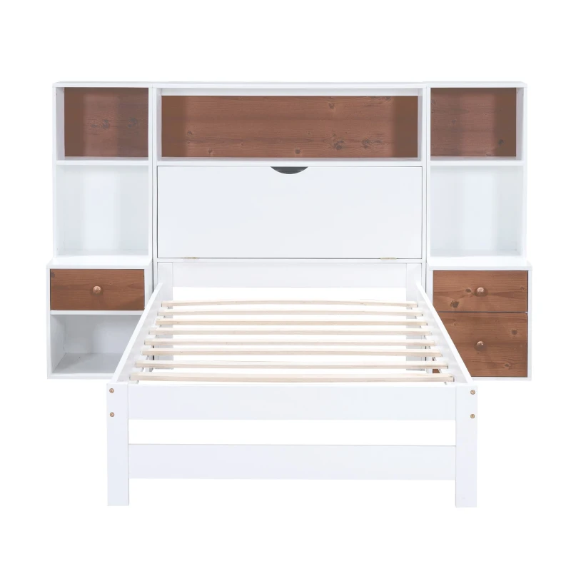 Vinsetto Twin Size Platform Bed with Storage Headboard, Drawers, and Nightstands, Solid Wood and MDF, 87" L x 73.5" W x 45" H, White