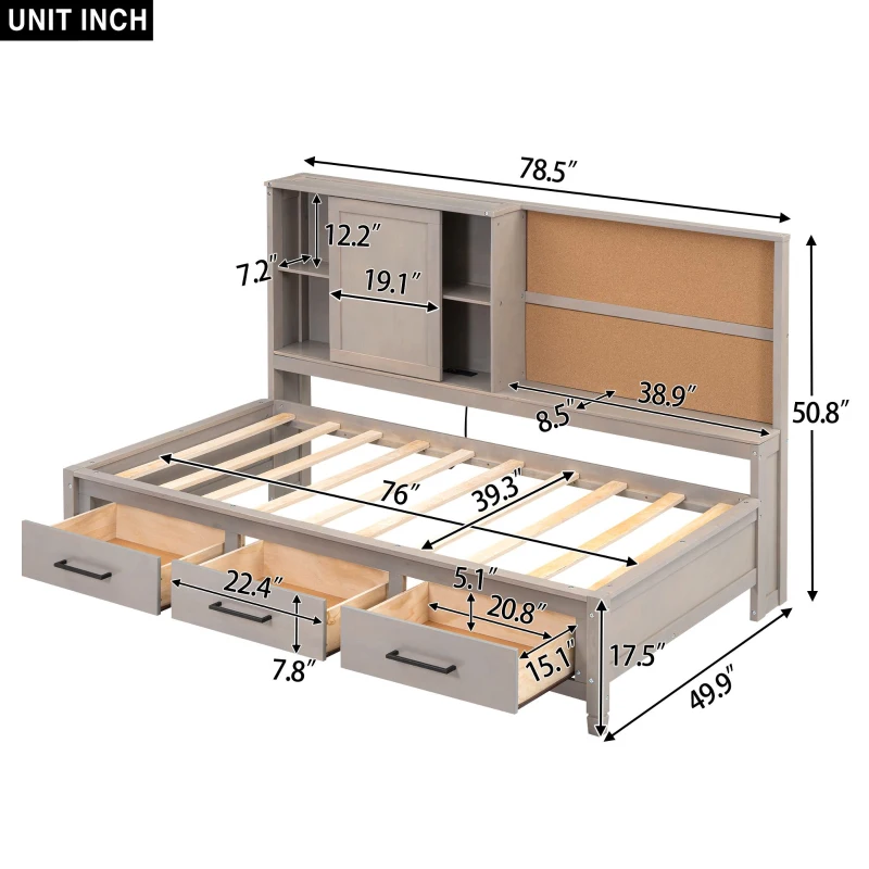 Twin Size Lounge Daybed with Storage Shelves, Cork Board, USB Ports, and 3 Drawers, 78.5" L x 50" W x 51" H, Antique Gray