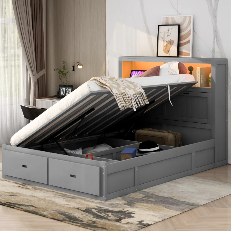 Wood Queen Size Hydraulic Platform Bed with Storage LED Headboard, Charging Station, and 2 Drawers, 90.5" L x 63" W x 47" H, Gray