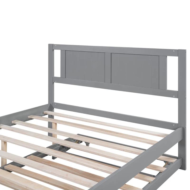 Full Size Platform Bed with Adjustable Trundle, Solid Pine Wood and MDF, 78" L x 97.5" W x 39.5" H, Gray