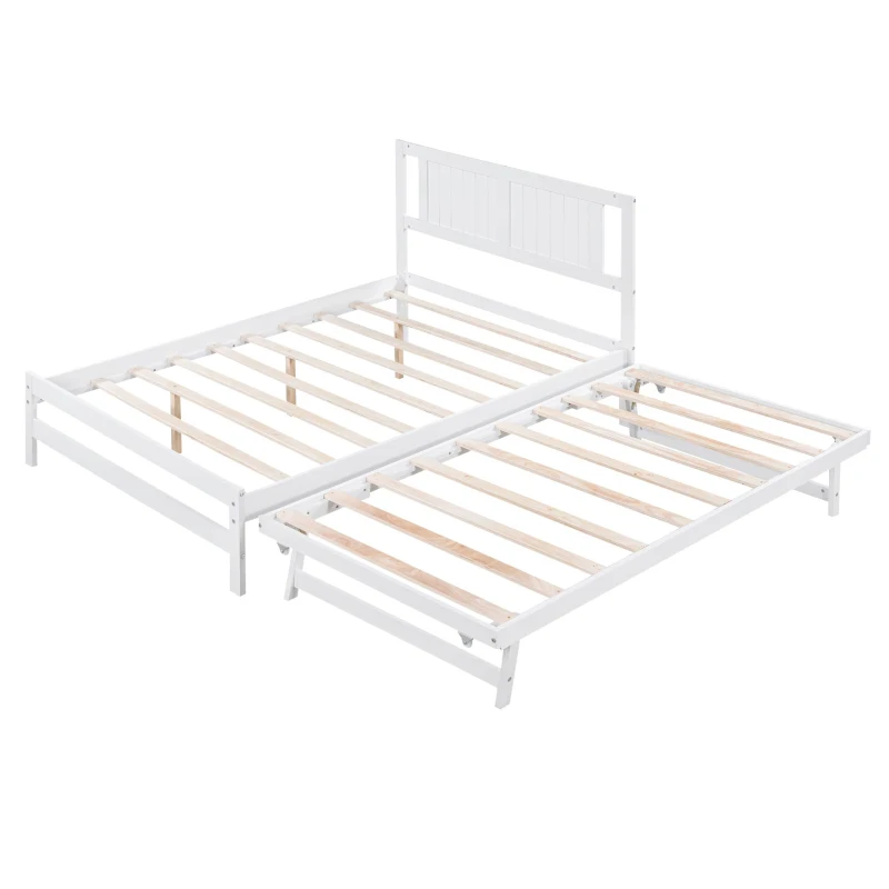 Full Size Platform Bed with Adjustable Trundle, Solid Pine Wood and MDF, 78" L x 97.5" W x 39.5" H, White