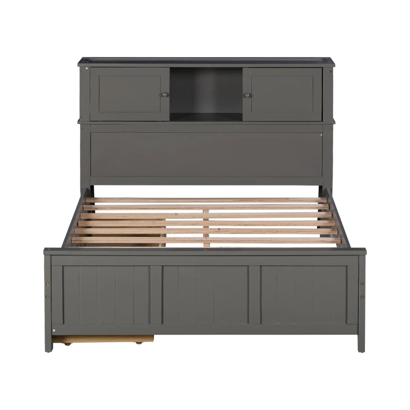 Vinsetto Full Size Platform Bed with Storage Headboard, Sliding Door, 2 Drawers, Solid Wood and MDF, 89" L x 58" W x 42" H, Gray