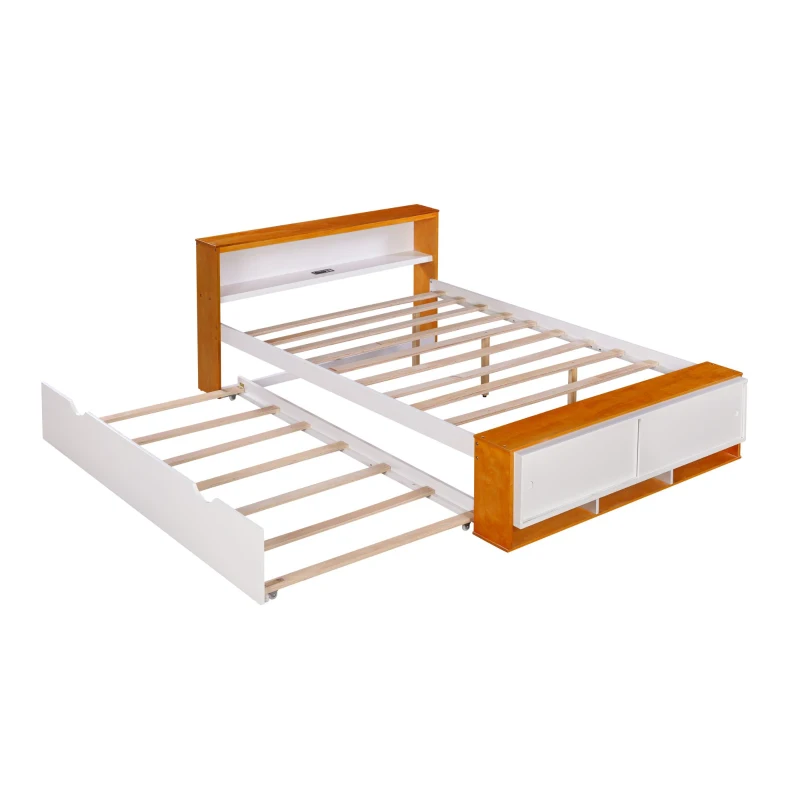 Vinsetto Full Size Platform Bed with Trundle, Storage Headboard and Footboard, USB Charging Design, 92.5" L x 97.5" W x 32.5" H, White+Natural
