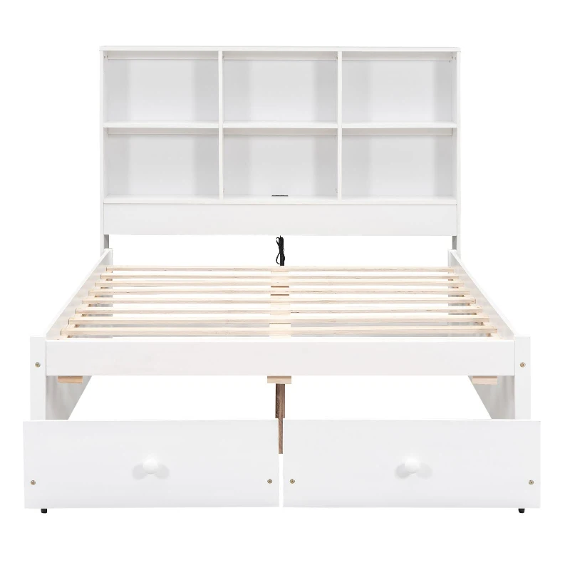 Full Size Platform Bed with Storage Headboard, Charging Station, and 2 Drawers, Solid Wood and MDF, 85" L x 55" W x 48" H, White