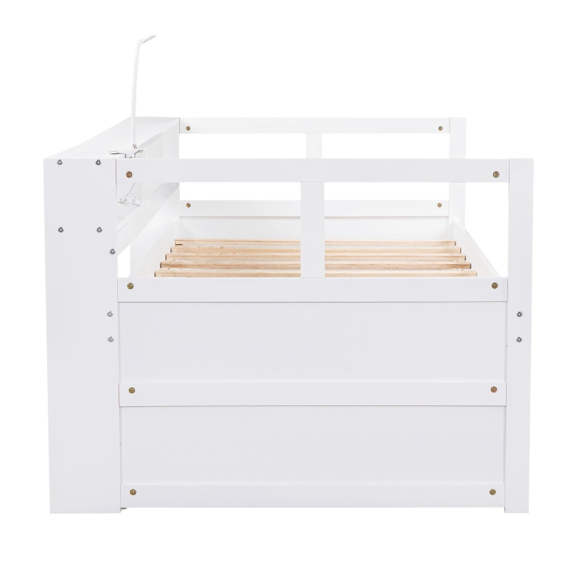 Twin XL Wood Daybed with 2 Trundles, 3 Storage Cubbies, USB Charging Design, and Free Light, 82" L x 129.5" W x 35.5" H, White