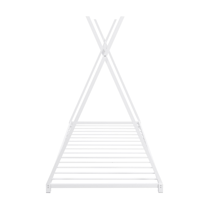 Metal Twin Size House Platform Bed with Triangle Structure, Sturdy Frame, and Safety Railings, 78" L x 41" W x 63" H, White