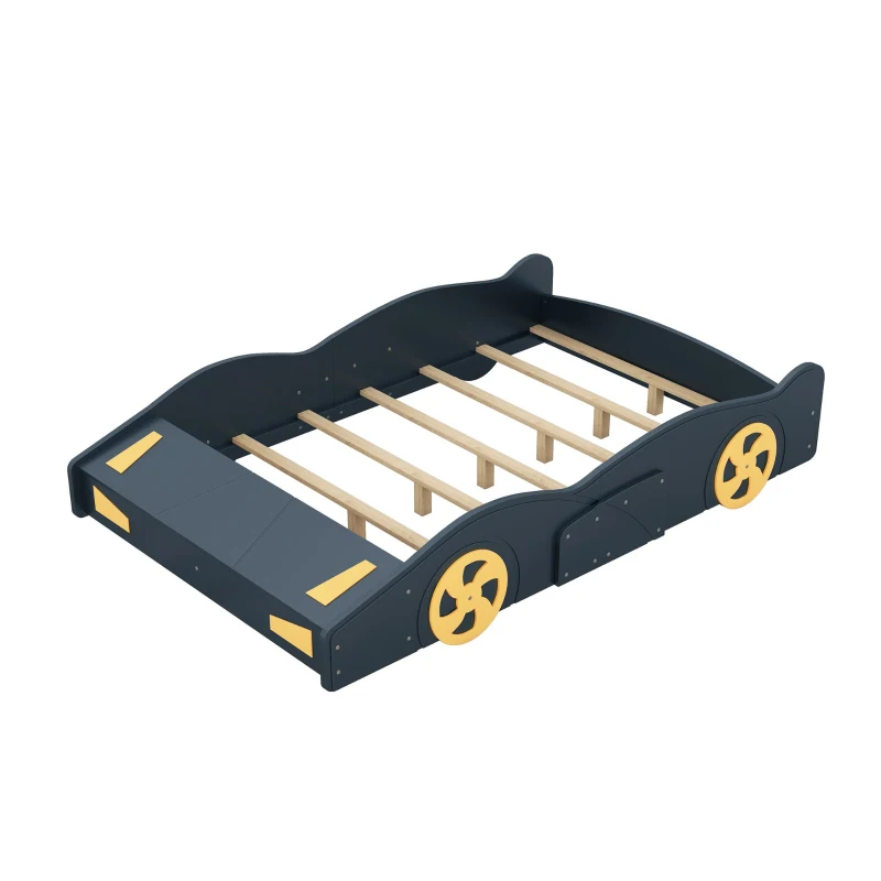 Full Size Race Car-Shaped Platform Bed with Wheels and Storage, Solid Wood and MDF, 90.5" L x 55" W x 15.5" H, Dark Blue
