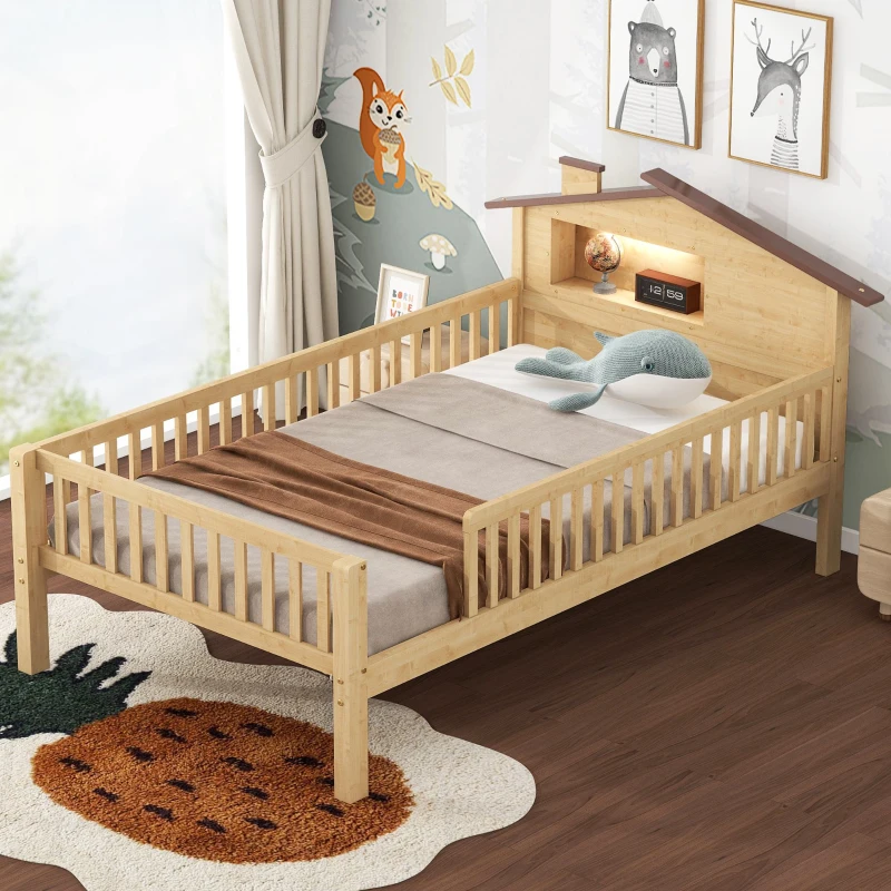 Twin Size Wood Platform Bed with House-Shaped Headboard, LED Light, Built-in Storage, 82" L x 41" W x 36" H, Natural